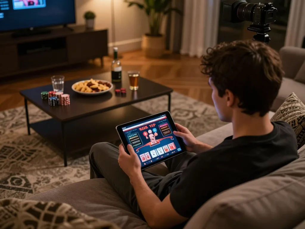 Engaged player exploring the rik vip casino interface from home, enjoying online gaming