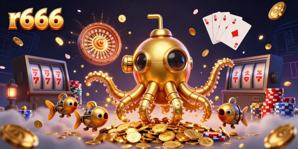 Experience the excitement of r666 casino games with dynamic illustrations of golden kraken and riches.