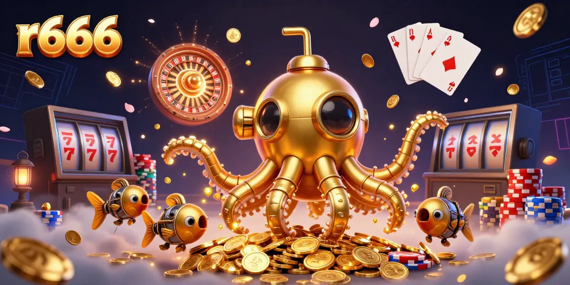 Experience the excitement of r666 casino games with dynamic illustrations of golden kraken and riches.