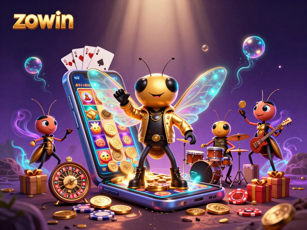 Experience the thrill of zowin with vibrant slot game action featuring a rock star scene.