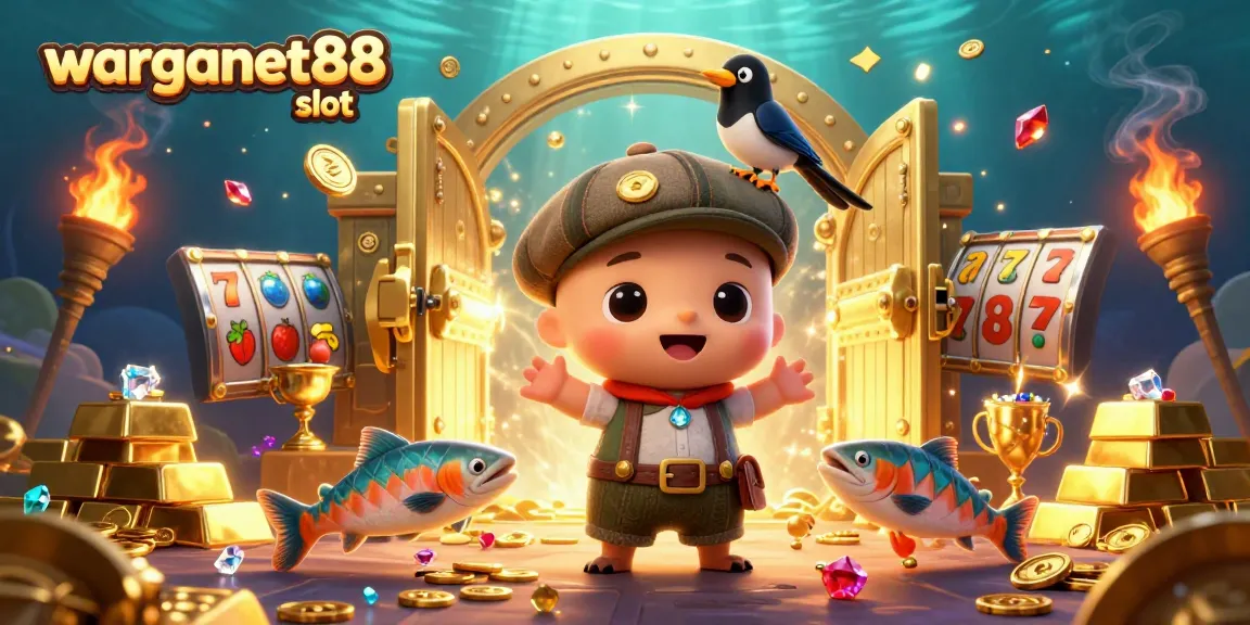 Engage with warganet88 slot in a vibrant 3D casino scene featuring cartoon characters and gold treasures.