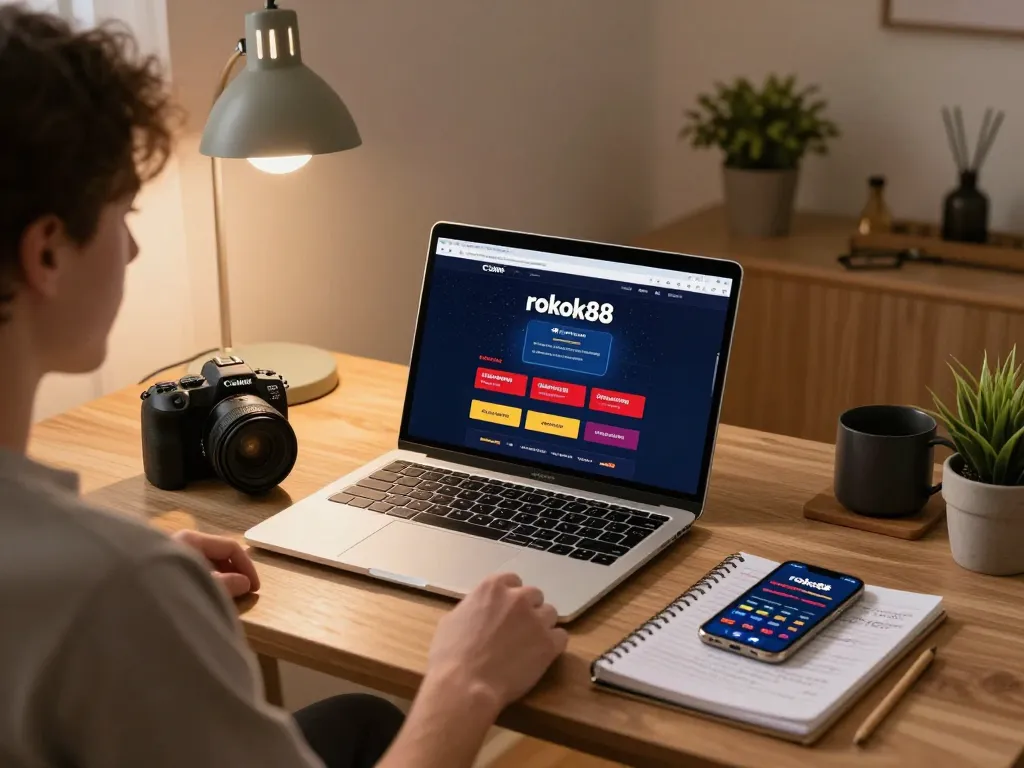 Player enjoying online gambling at rokok88 with dynamic interface on laptop and strategic notes visible