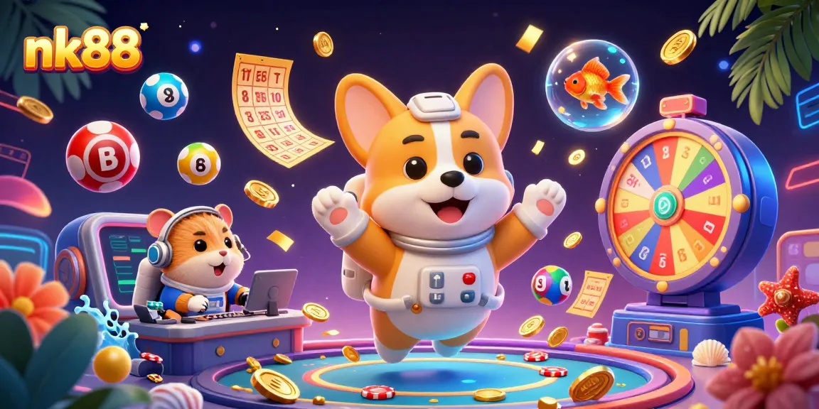 Engage with nk88's vibrant space casino through a playful astronaut corgi in a dynamic 3D scene.