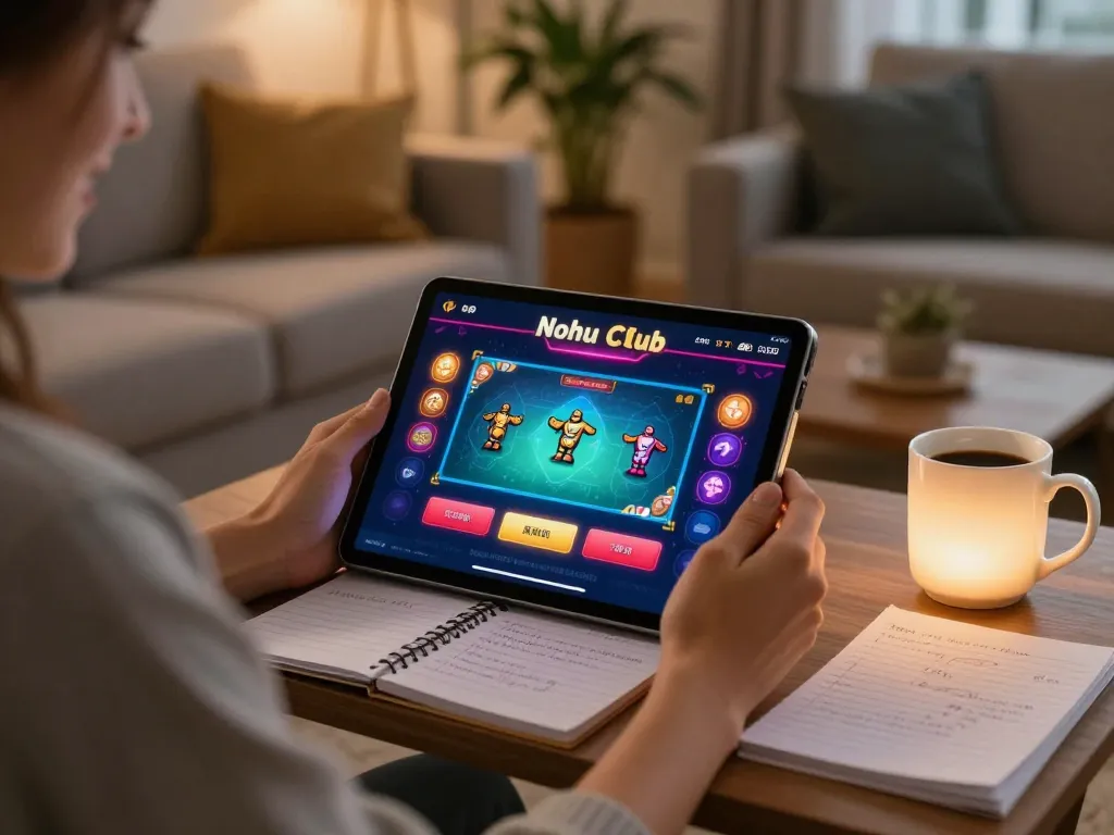 Nohu Club player enjoying a vibrant online casino game on tablet, surrounded by strategy notes