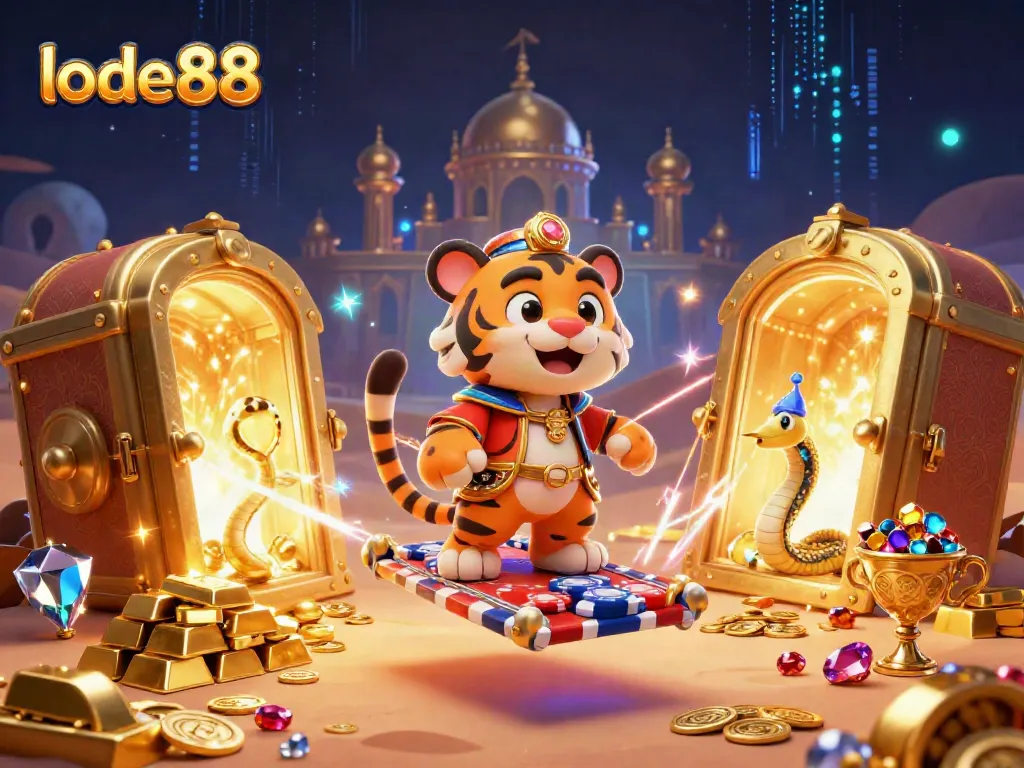 Experience the excitement of lode88 with a vibrant 3D illustration showcasing a tiger sultan character in a casino-themed adventure.