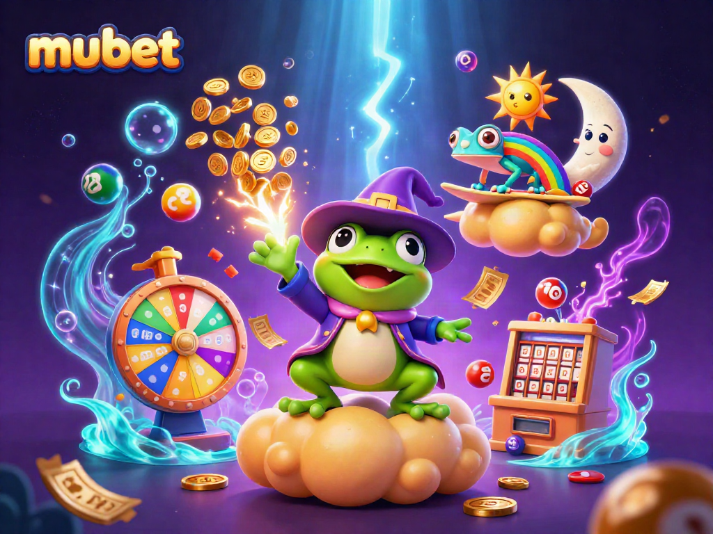 Experience the magic of mubet as a weather wizard frog conjures gold coins in a vibrant casino scene.