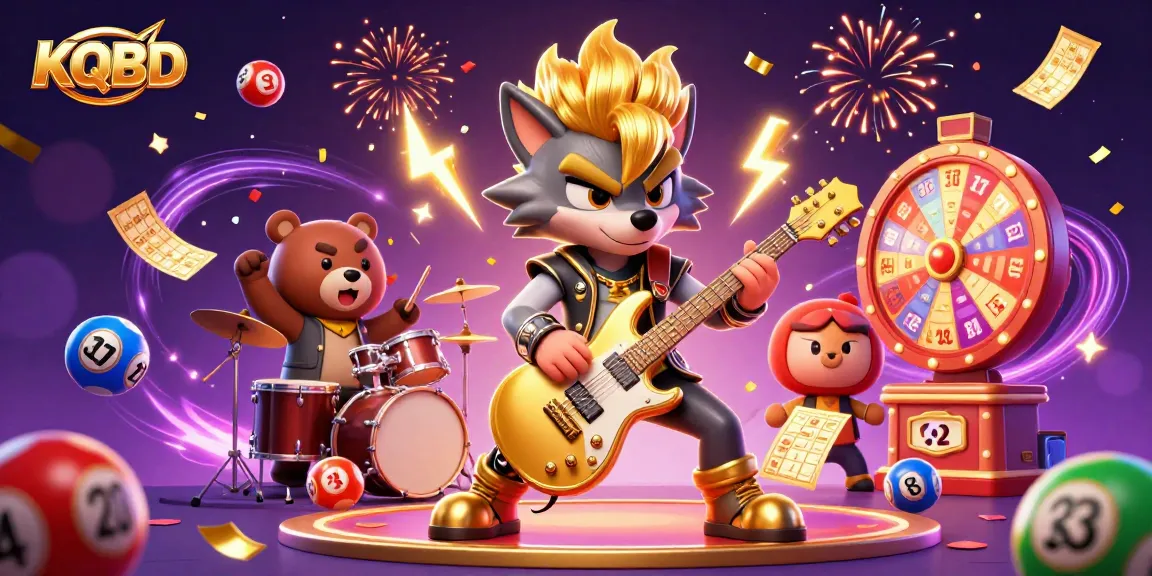 KQBD showcases a vibrant casino scene with a rock star wolf and a drummer bear, highlighting exciting gambling elements.