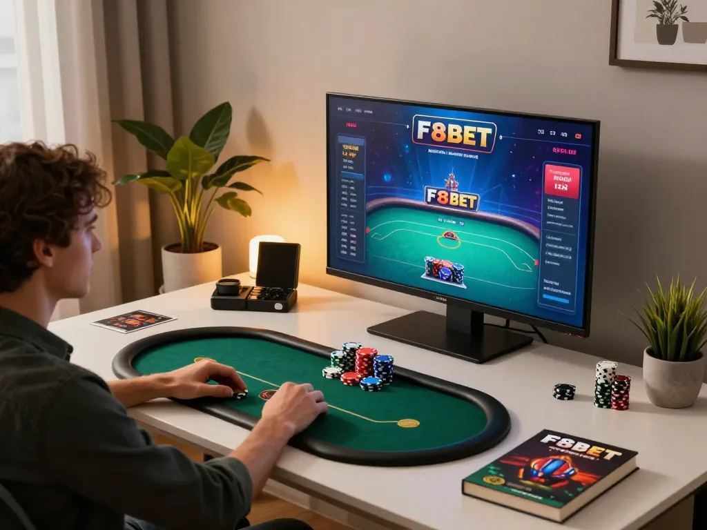 F8bet player immersed in strategic online poker gameplay at a stylish home setup