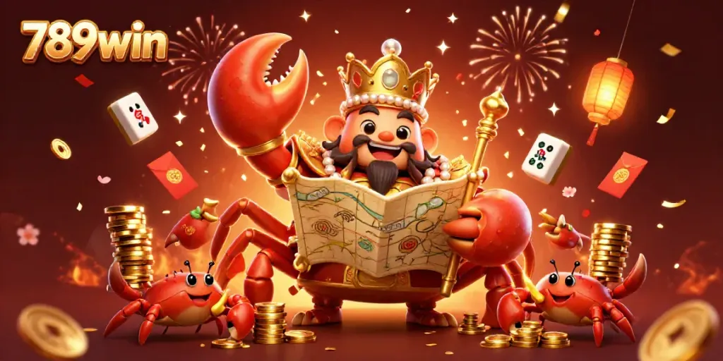 Celebrate with 789win's golden crab emperor amidst confetti and vibrant casino elements.