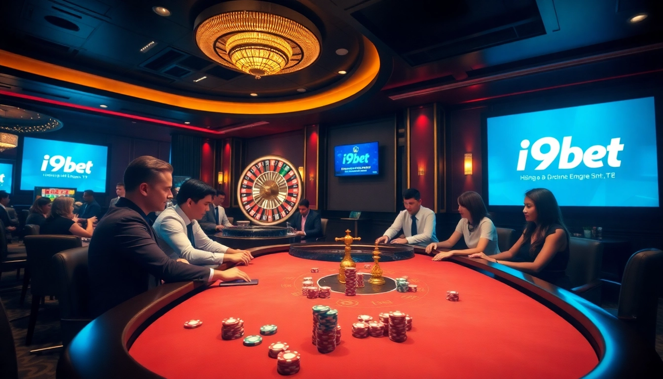 Experience thrilling gameplay at i9bet's vibrant casino with poker chips and a shining roulette wheel.
