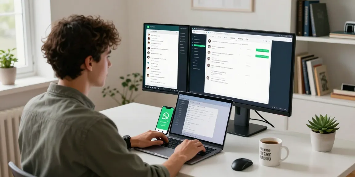 在现代家办公环境中使用双屏WhatsApp Web,咖啡和绿色装饰