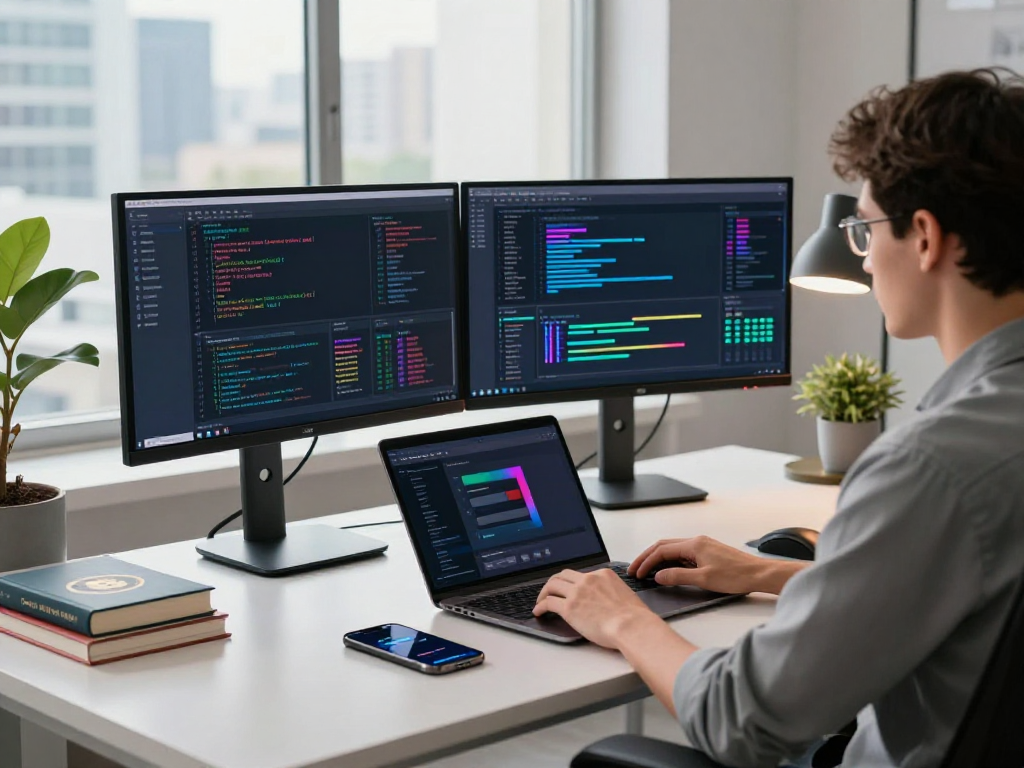 Developer utilizing acrossprotocol in a modern tech workspace, showcasing blockchain solutions and financial applications.