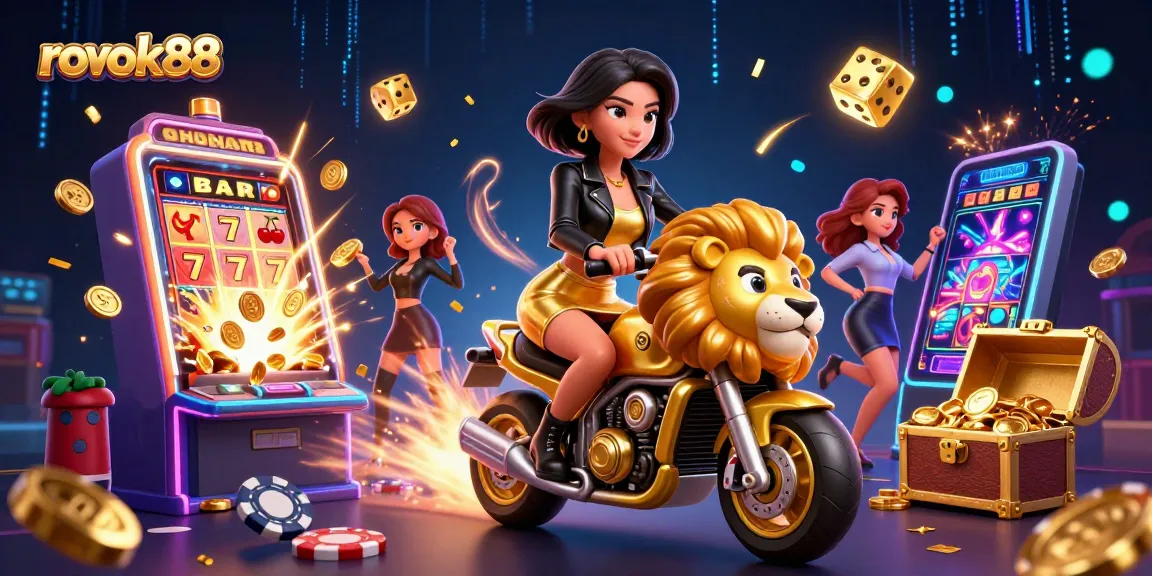 Engage in thrilling gameplay at rokok88 with a chic Asian gamer riding a golden lion mascot amidst dynamic casino elements.