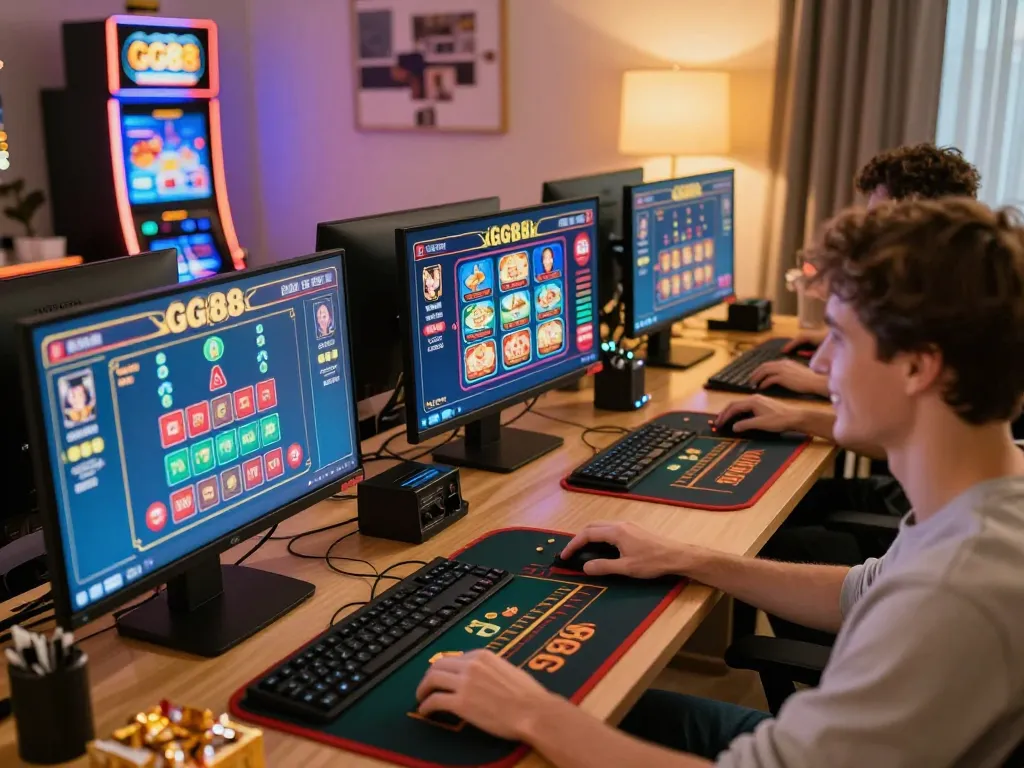 Player enjoying GG88 online casino games on a stylish setup with multiple screens