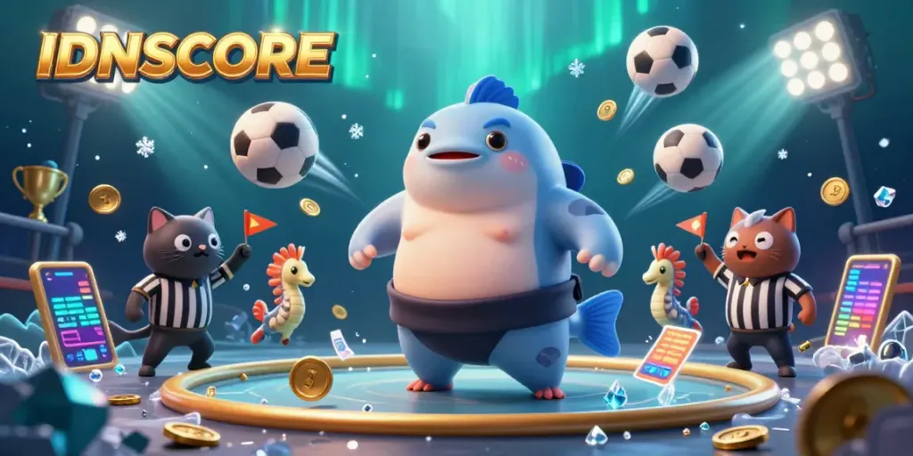 IDNSCORE showcases a vibrant underwater casino scene with dynamic gaming elements and lively characters.