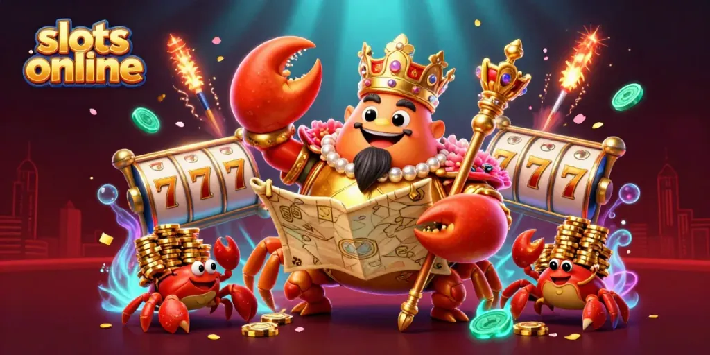 Experience thrilling slots online with a golden crab emperor and dynamic casino elements in vibrant 3D.