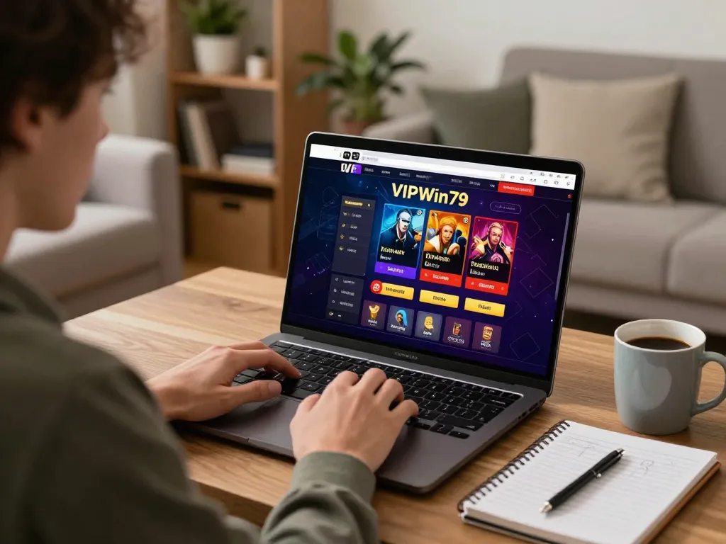 Engaging in online casino gaming on VIPWin79 with a lively home setup styled for comfort