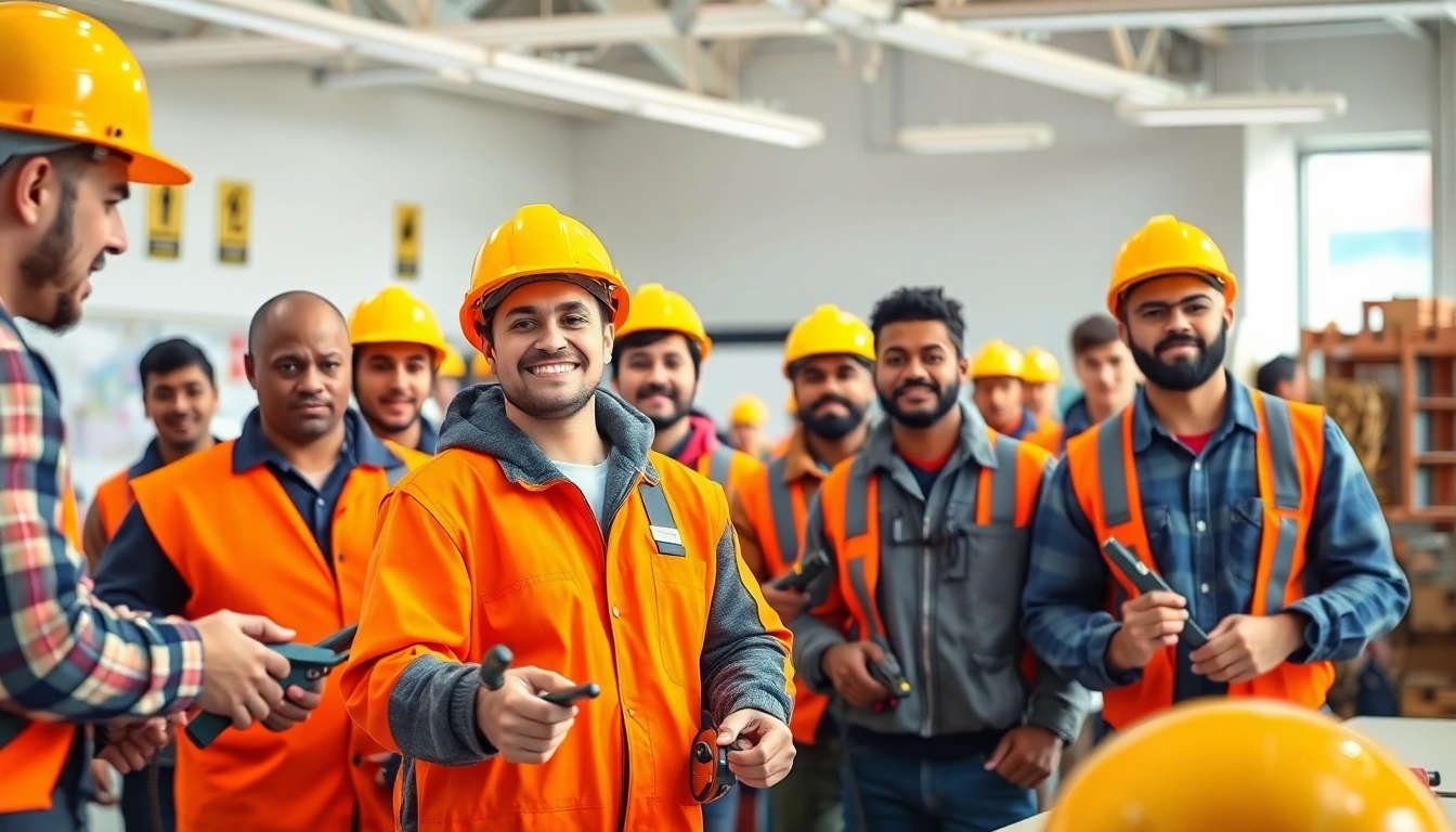 Engaged trainees in construction training programs learning essential skills with tools in a modern facility.