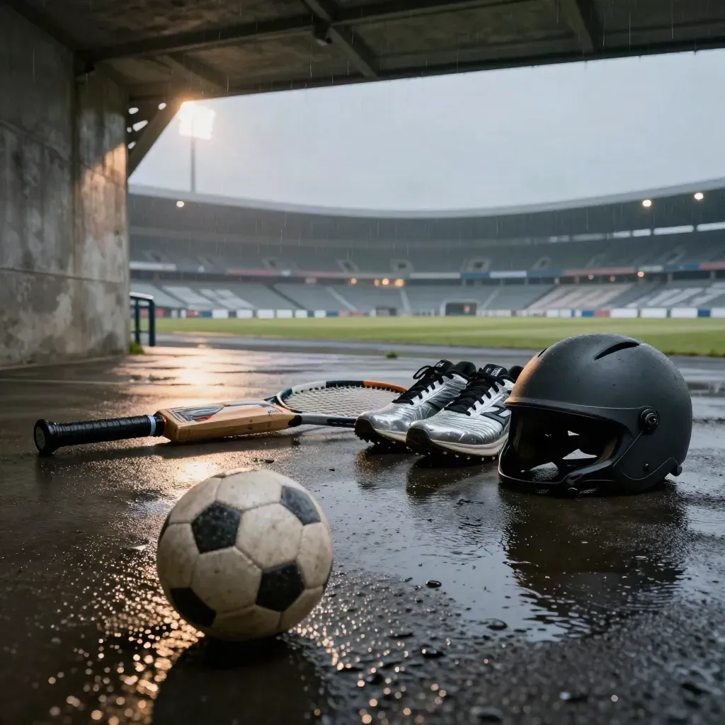 Rain-dark tunnel with match ball, cricket bat, tennis racket, spikes, and racing helmet.