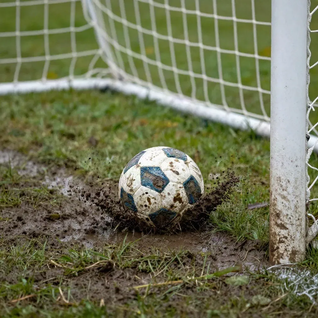Muddy football settling by a disturbed goal net after a box scramble