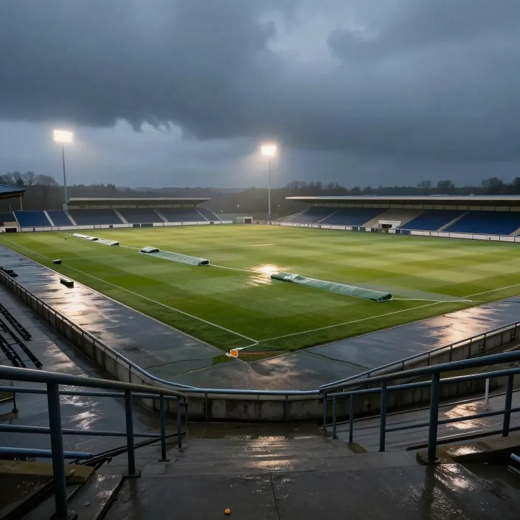 Empty sports complex at dusk with floodlights, rolled covers, and wet training pitches.