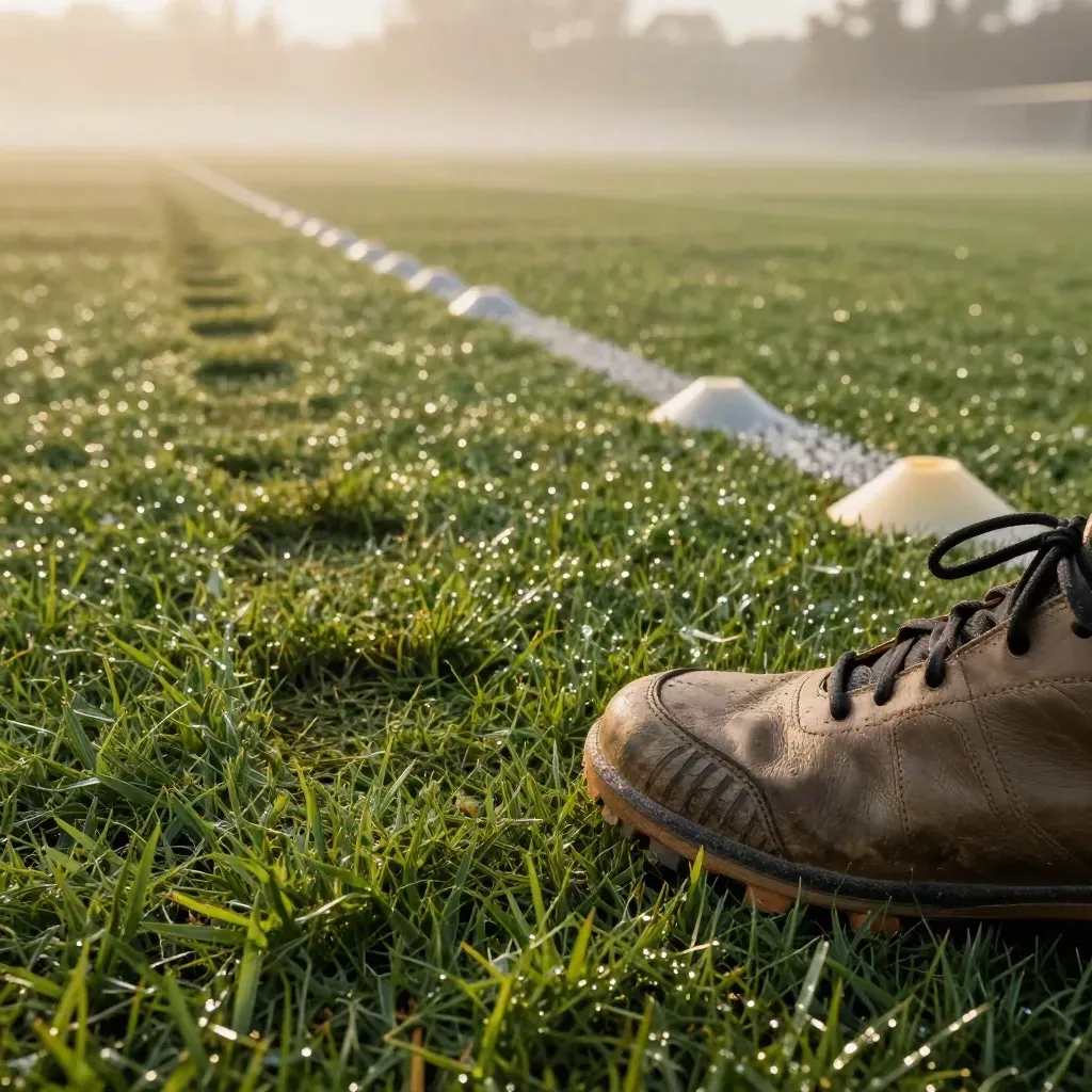 Wet grass training lane with bootprints, cone arcs, and a scuffed boot in mist