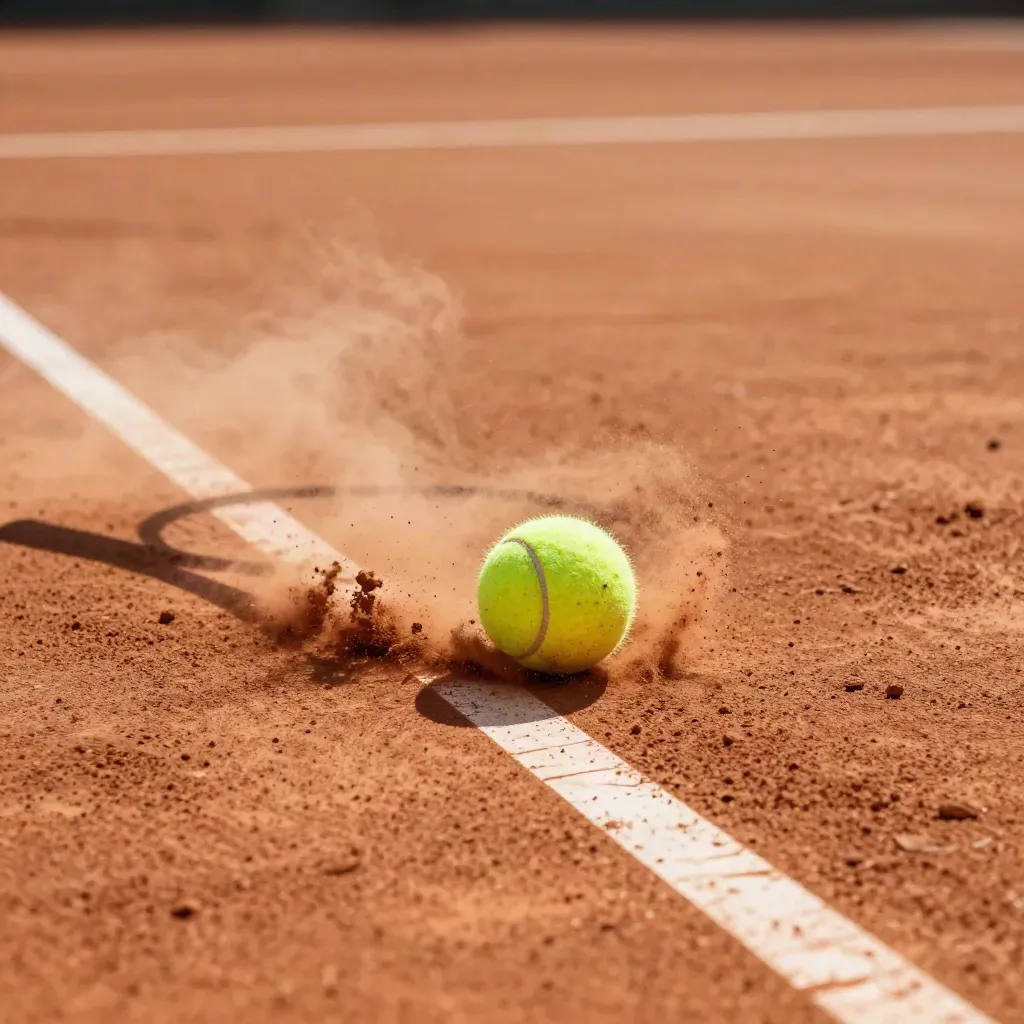 Tennis ball skidding on clay, dust bursting beside a diagonal racket shadow.
