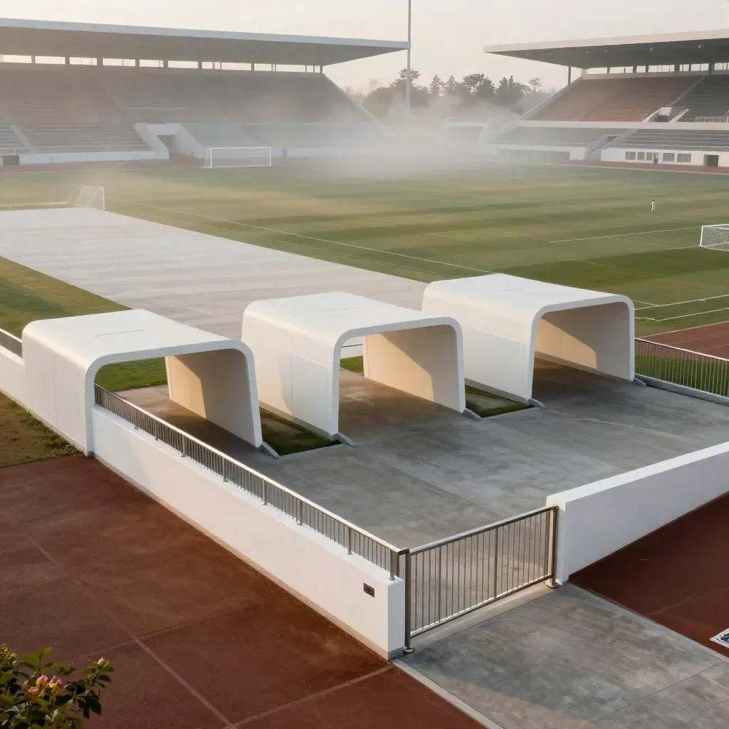 Empty stadium entrances open onto three pitches under morning fog at a sports campus.