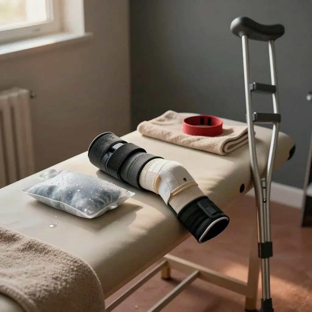 Sports physio recovery kit with ice packs, ankle brace, knee support and crutches by a bench