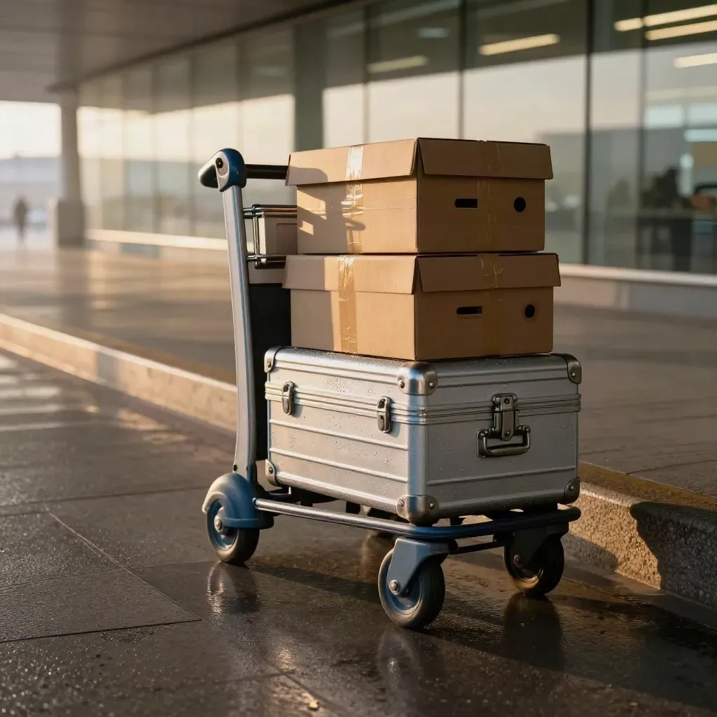 Baggage cart with football boot boxes and a silver trunk rolling through mist at dawn