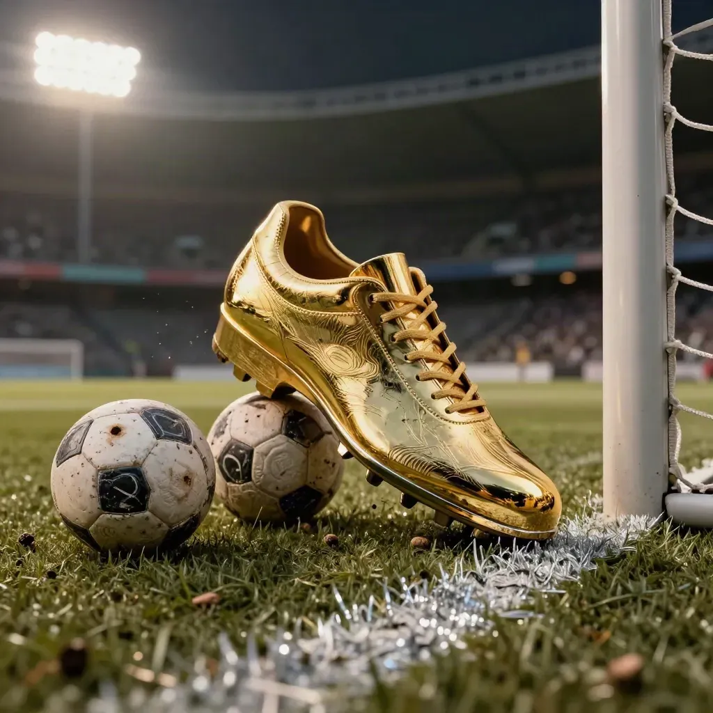Gold boot trophy beside two balls and torn turf at a hazy goal line.