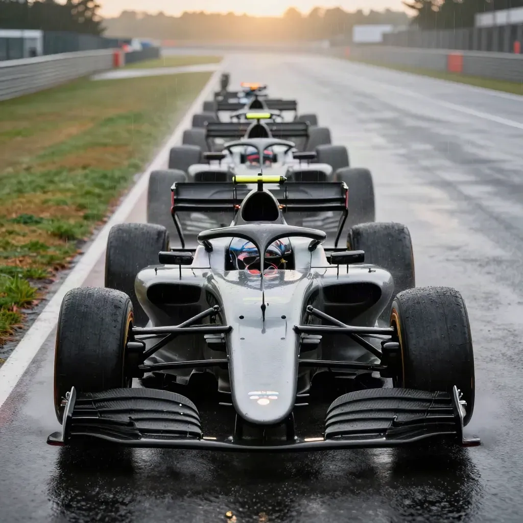 Formula cars on a wet starting grid in drizzle, viewed low down the line.