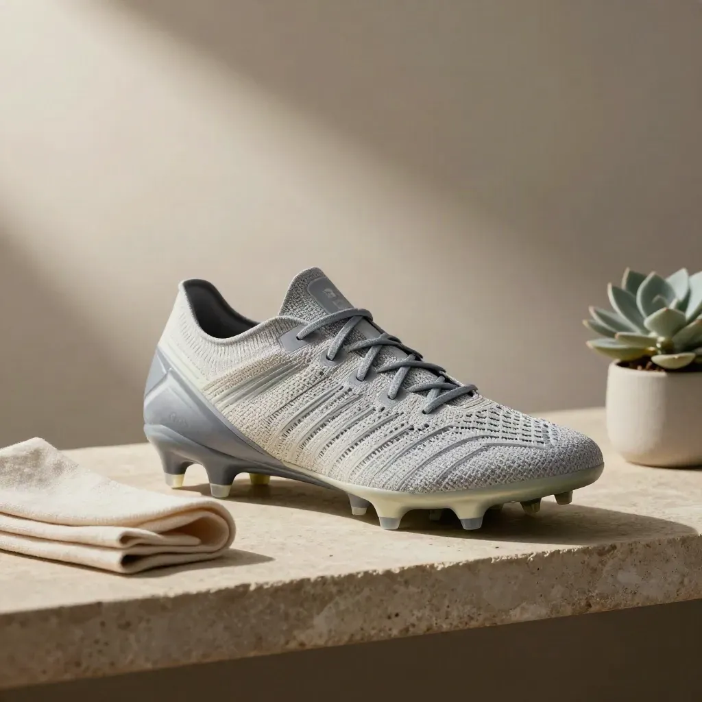 Football boot, running spike, cloth, and plant on a stone shelf.