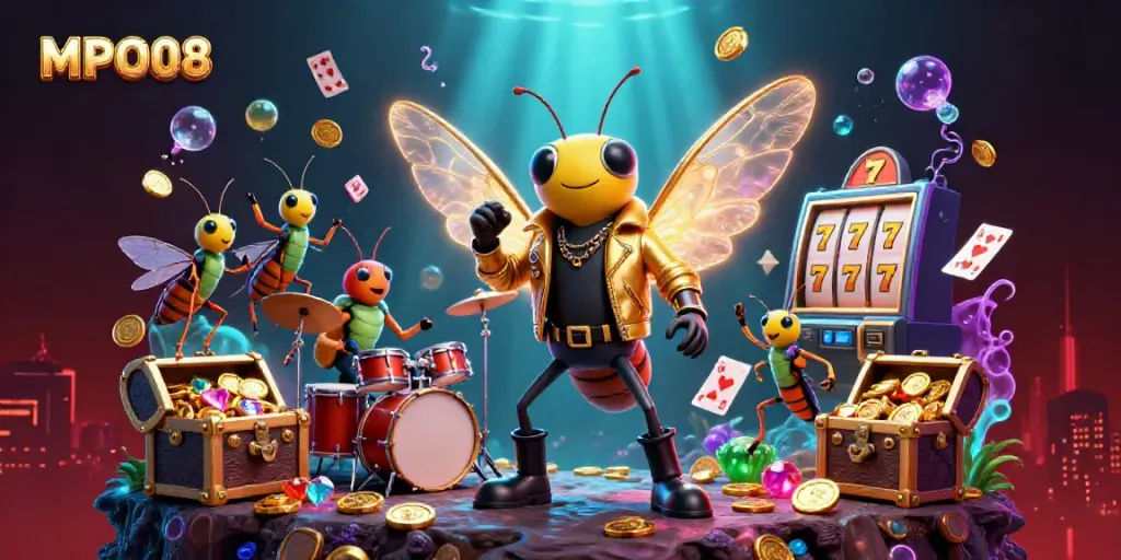 MPO08 transforms gaming with slot machines surrounded by a cartoon rock band performing under glowing effects.