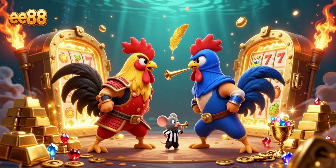 Engage in thrilling ee88 gaming action with dynamic fighting roosters amidst treasure.