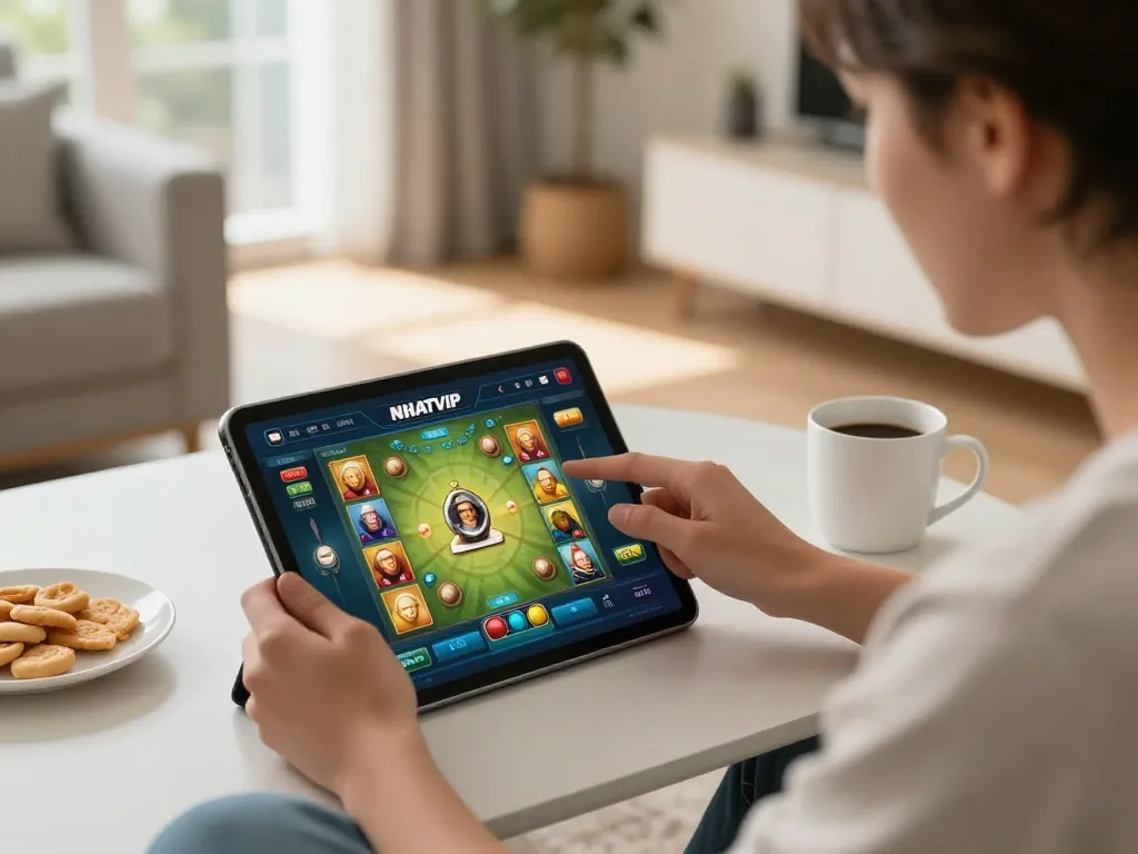 Engaging with NHATVIP game on a tablet in a cozy living room for online gambling enjoyment