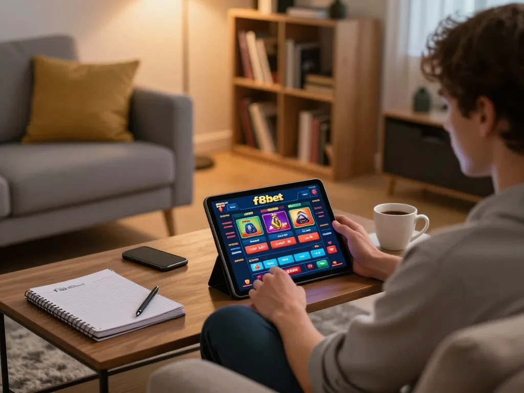 Engaging with the f8bet casino app in a cozy home setup while planning strategies