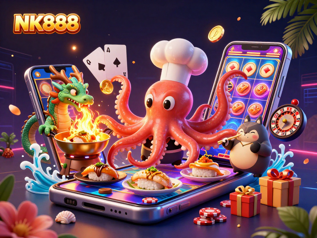Experience thrilling moments at NK888 with a vibrant 3D casino illustration showcasing exciting gameplay elements.
