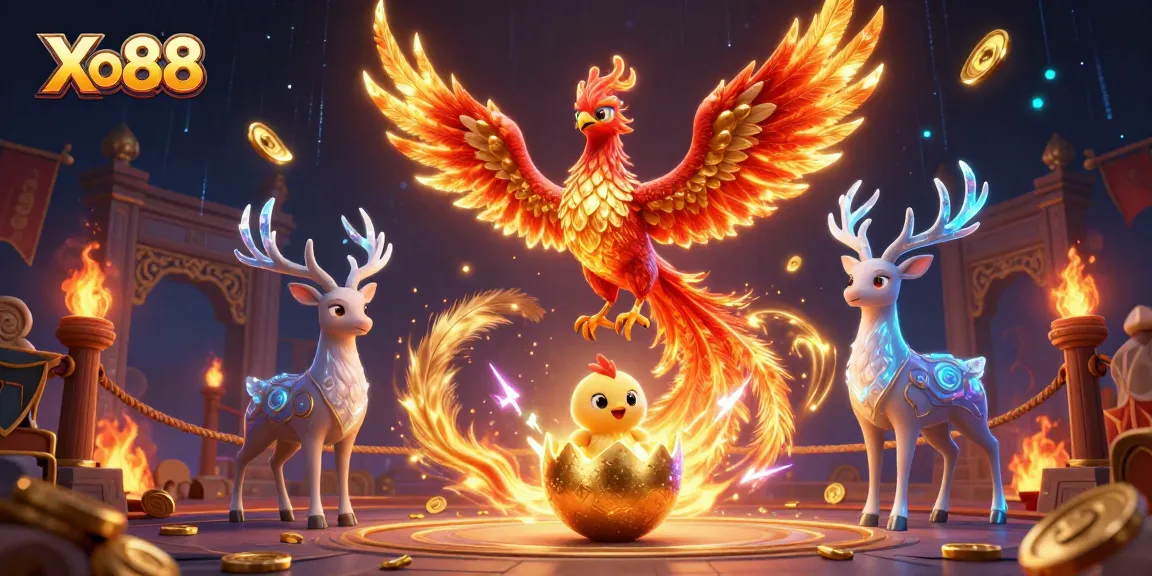 Xo88 captivates players with a vibrant 3D phoenix and mystical stag in an engaging casino setting.
