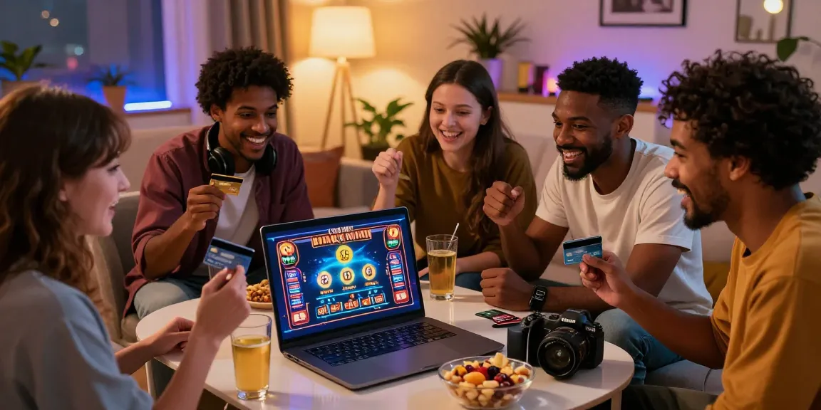 Excited friends exploring online casinos that accept credit card with colorful games displayed.