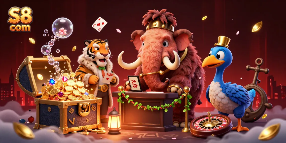 S8 com showcases a vibrant casino scene with a woolly mammoth bouncer, adding thrills to your gambling experience.