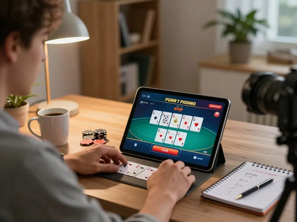 Player engaging in sc88 poker game on tablet, showcasing home gaming atmosphere with strategies and comfort