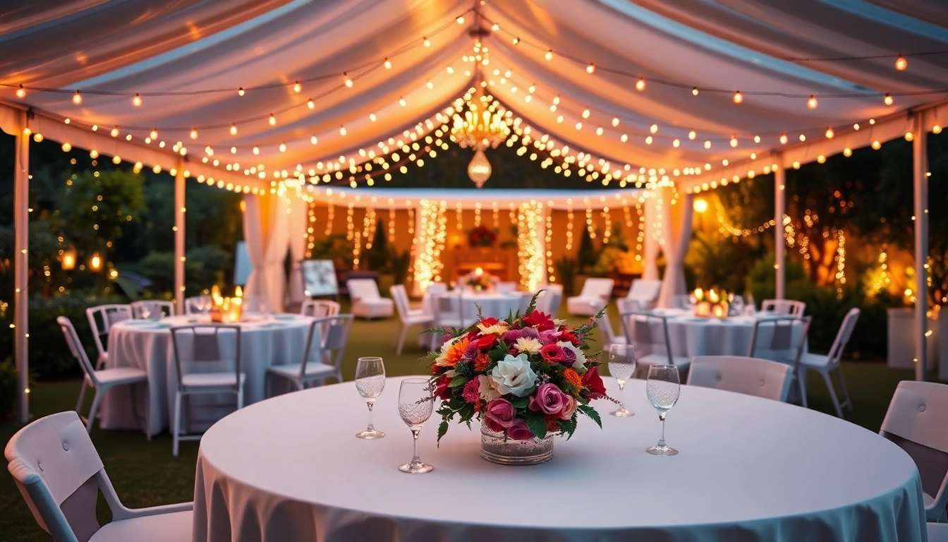 Stunning outdoor party rentals with decorated tents and tables set for an event.