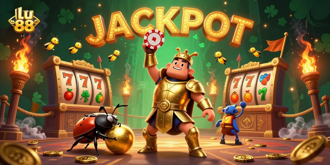 lu 88 showcases a victorious hercules beetle in golden armor amidst dynamic slot reels and sparkling tokens
