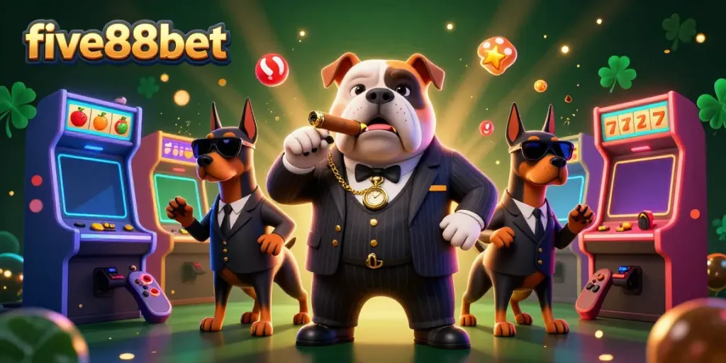 Experience the thrill of five88bet with a vibrant casino scene featuring a mafia boss bulldog and stunning game elements.