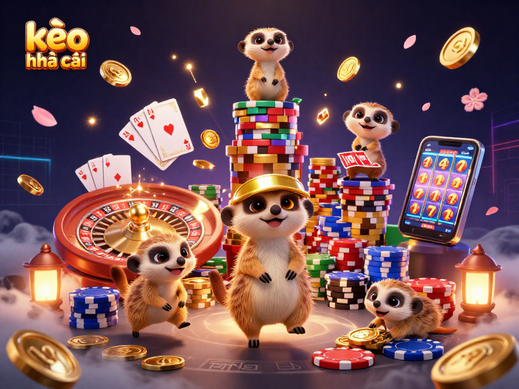 Engaging scene of kèo nhà cái with meerkats managing a dynamic casino operation, full of excitement.