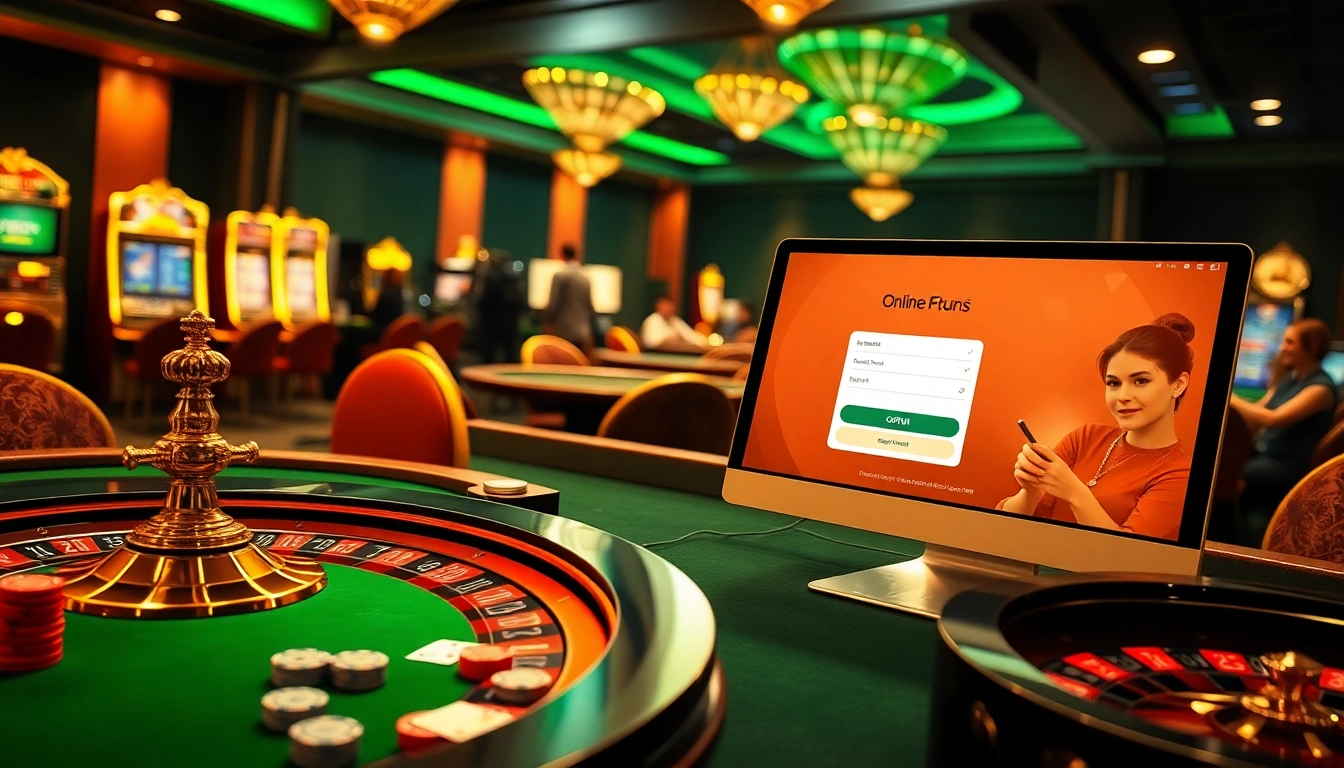 Experience the luxurious Đăng Nhập OKFUN interface surrounded by casino excitement and elegance.