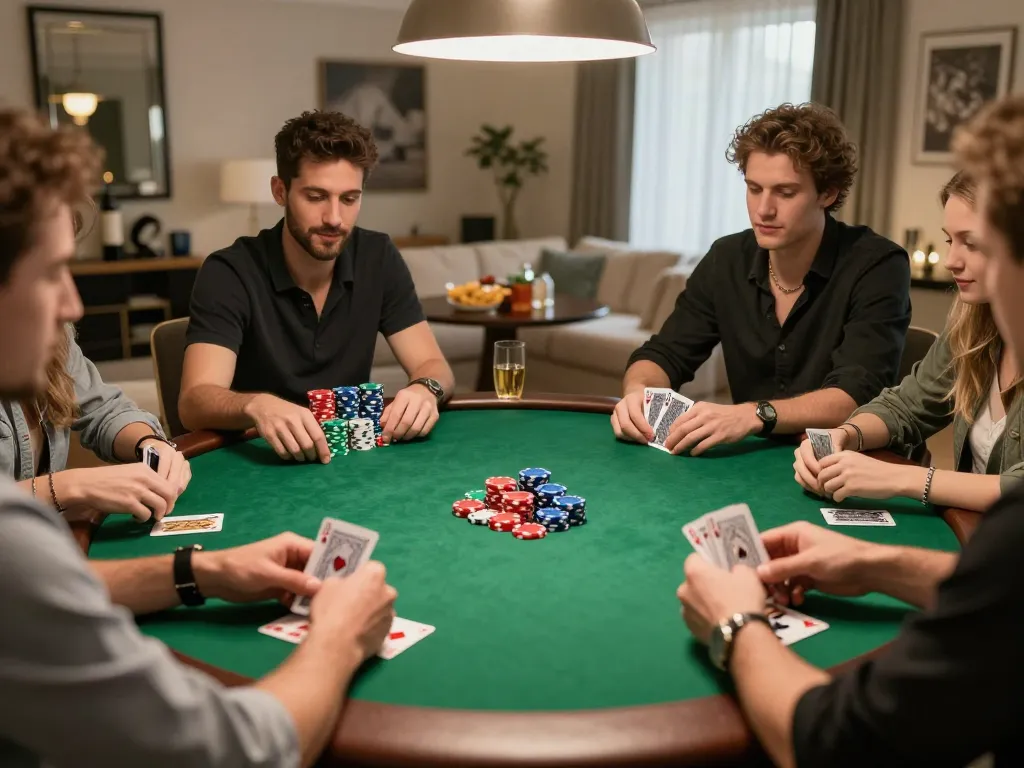 Engaging poker night scene at home with friends, emphasizing 77WIN strategies and social gameplay