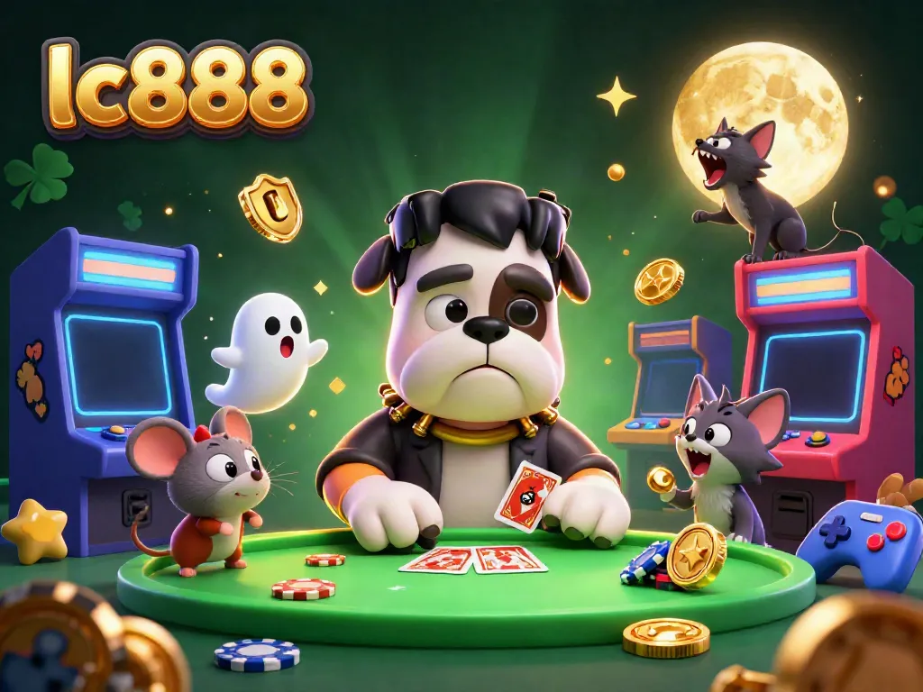 Engage in thrilling gambling at lc888 with a spooky 3D casino scene featuring a Frankenstein bulldog dealer.