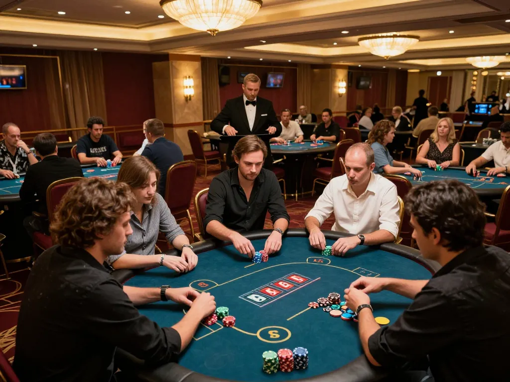 Engaged players strategizing during a high-stakes QQ88 movie poker game, vibrant casino atmosphere.